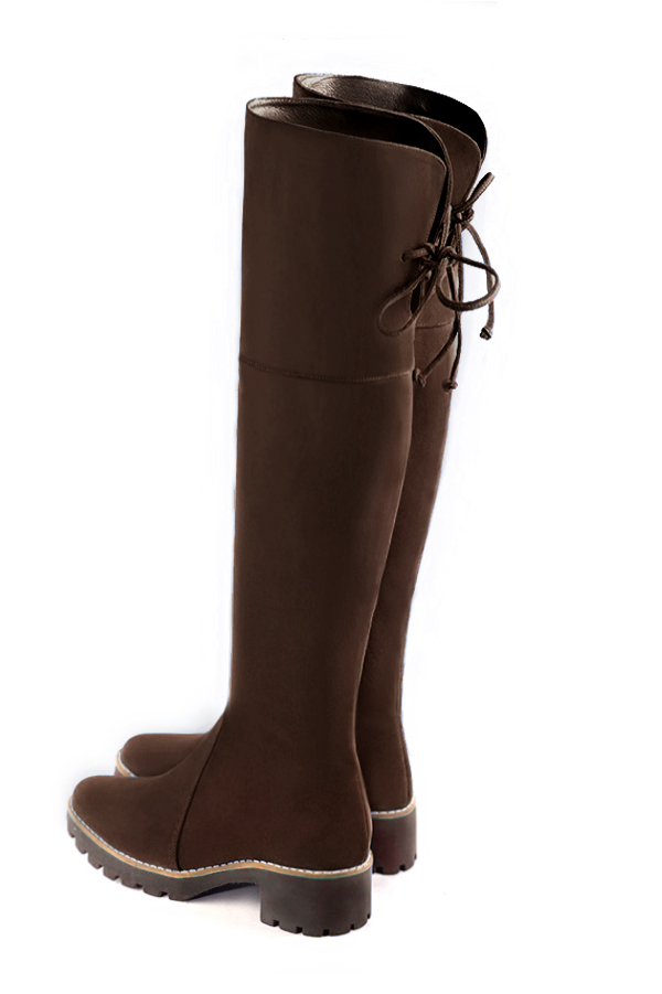 Dark brown women's leather thigh-high boots. Round toe. Low rubber soles. Made to measure. Rear view - Florence KOOIJMAN